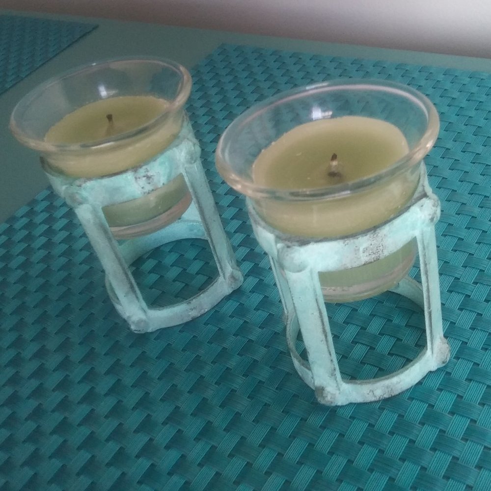 Teal Metal Candle Holders Set of Two